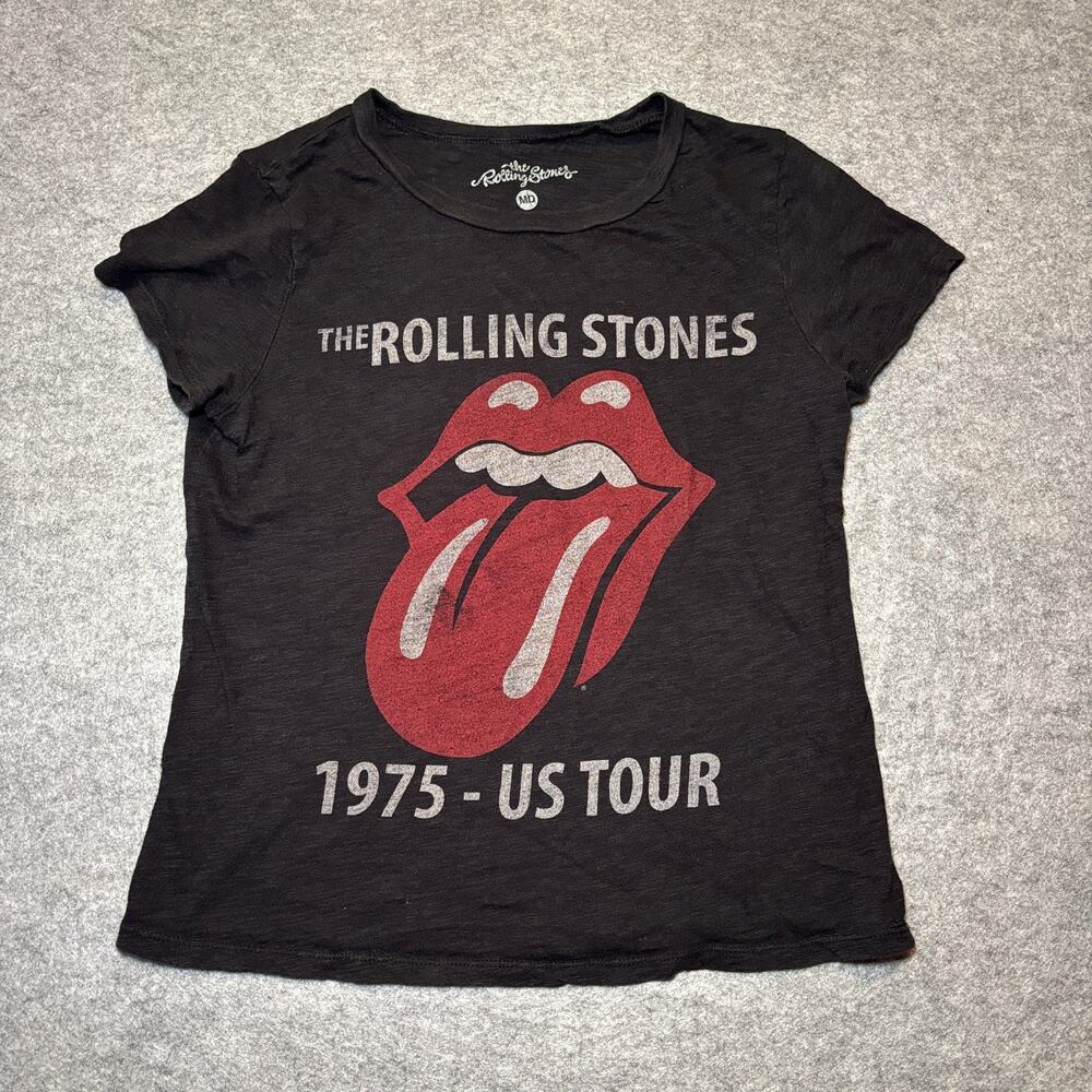 The Rolling Stones Unisex T-Shirt MD 1975 US TOUR Graphic Crew Neck Black